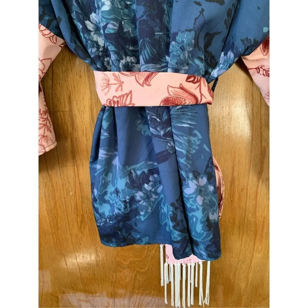 Anthropologie Tori Floral Cropped Belted Kimono Blue Multi One Size - Picture 11 of 13